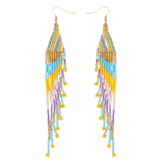 Jewelry - Goldtone Seed Bead Drop Earrings In Mustard And Turquoise